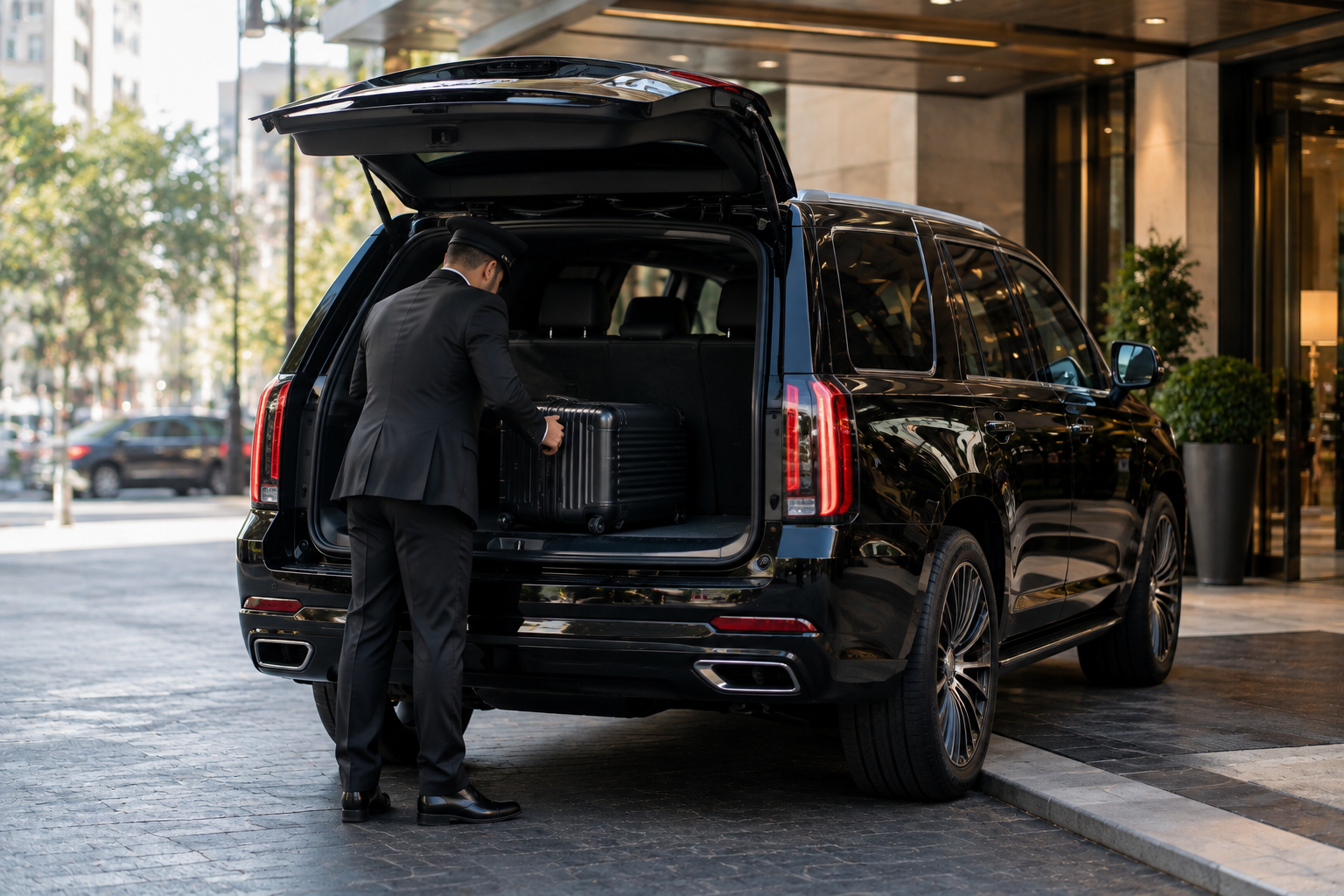 Chauffeur loading luggage into a black SUV outside a hotel for a multi-stop trip
