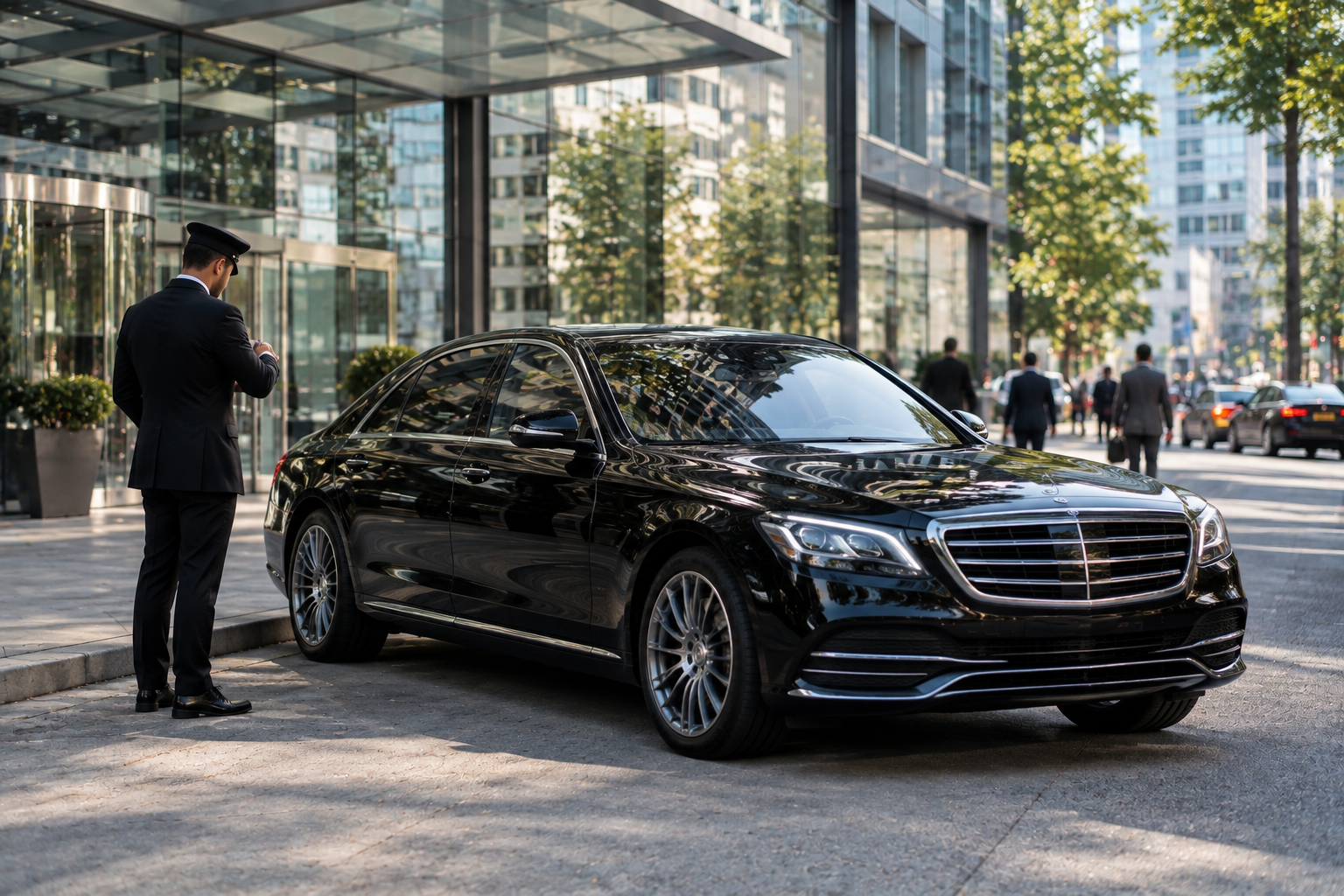 Black car service parked outside an office building during a multi-stop business trip
