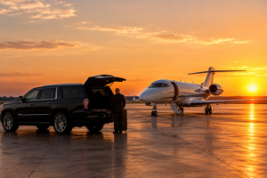 Black SUV parked on the tarmac near a private jet at a Detroit-area FBO at sunset