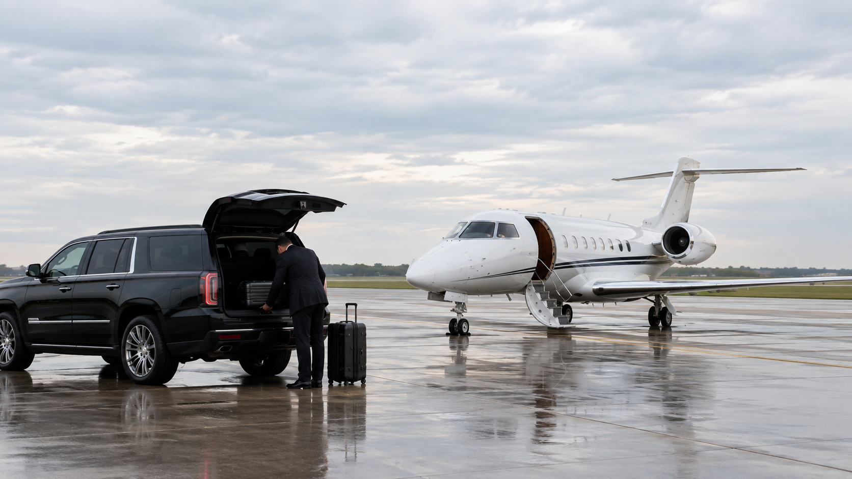 Chauffeur loading luggage into a black SUV near a private jet at a regional airport