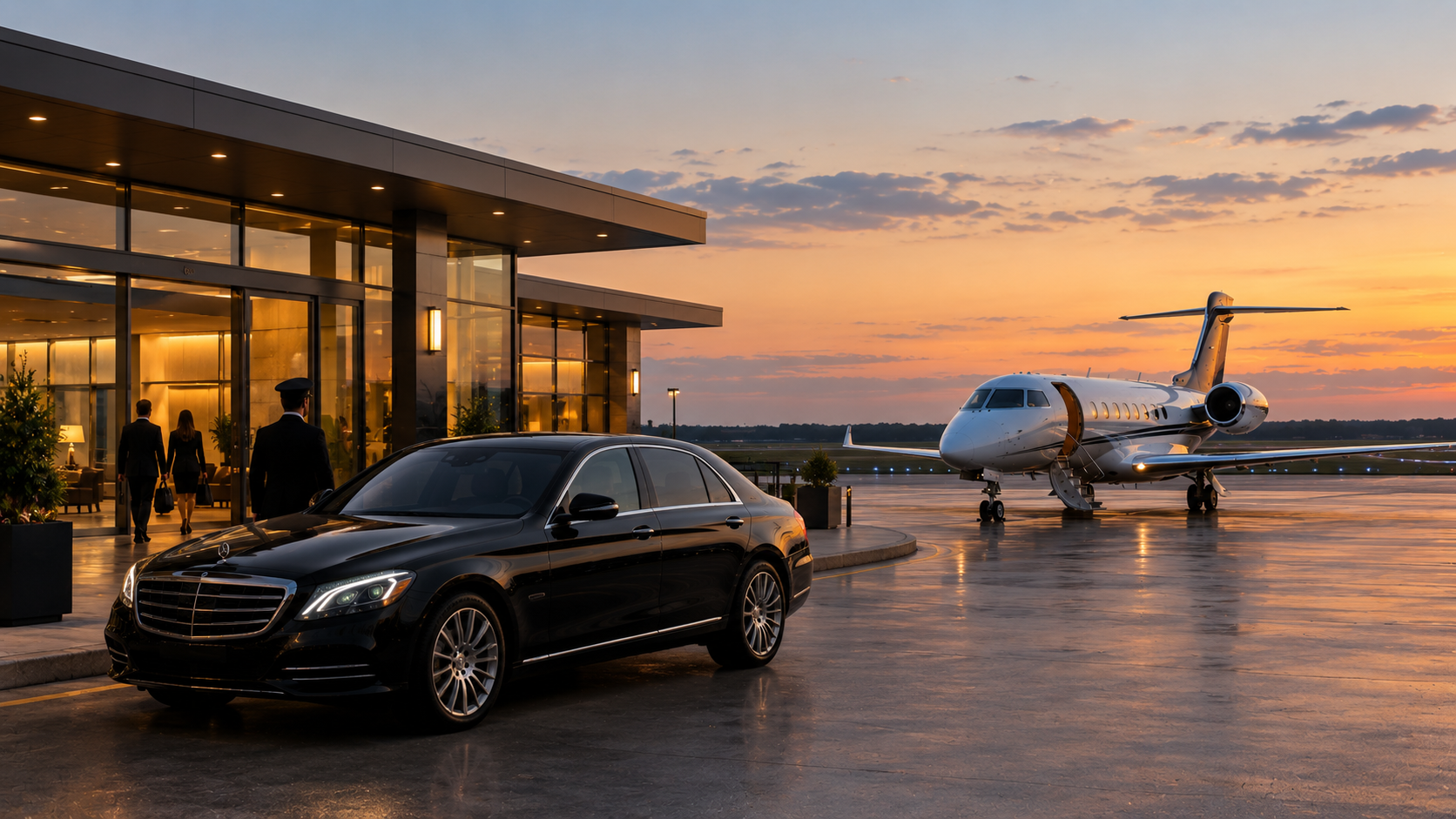 Black car service waiting near a private aviation terminal in the early evening