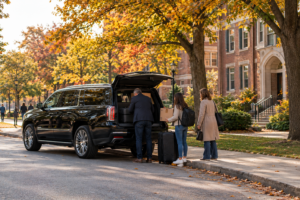 Black SUV parked near a university campus residence hall during a busy family weekend