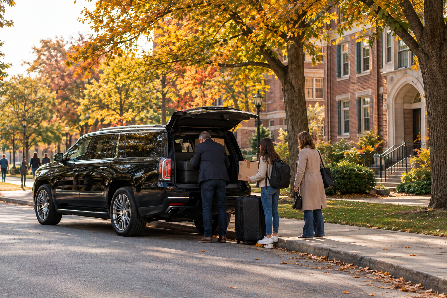 Black SUV parked near a university campus residence hall during a busy family weekend