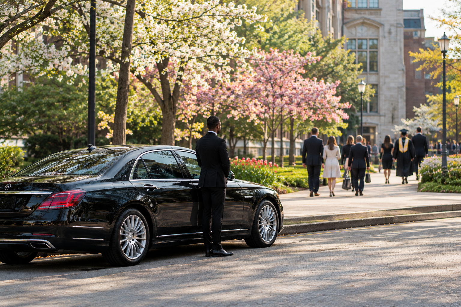 Black sedan parked near a university campus during a graduation weekend with families walking nearby