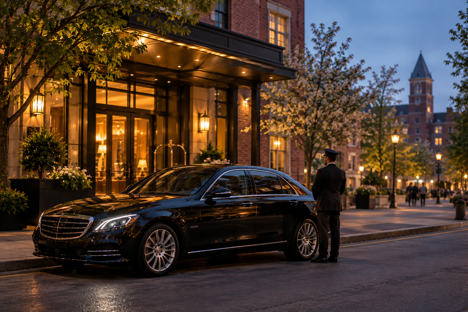 Black car service waiting outside a hotel during a university parent weekend in Ann Arbor