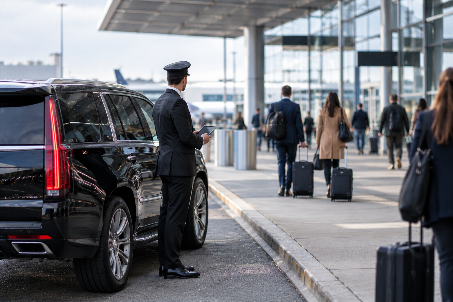 Chauffeur holding a tablet while waiting at an airport arrivals curb