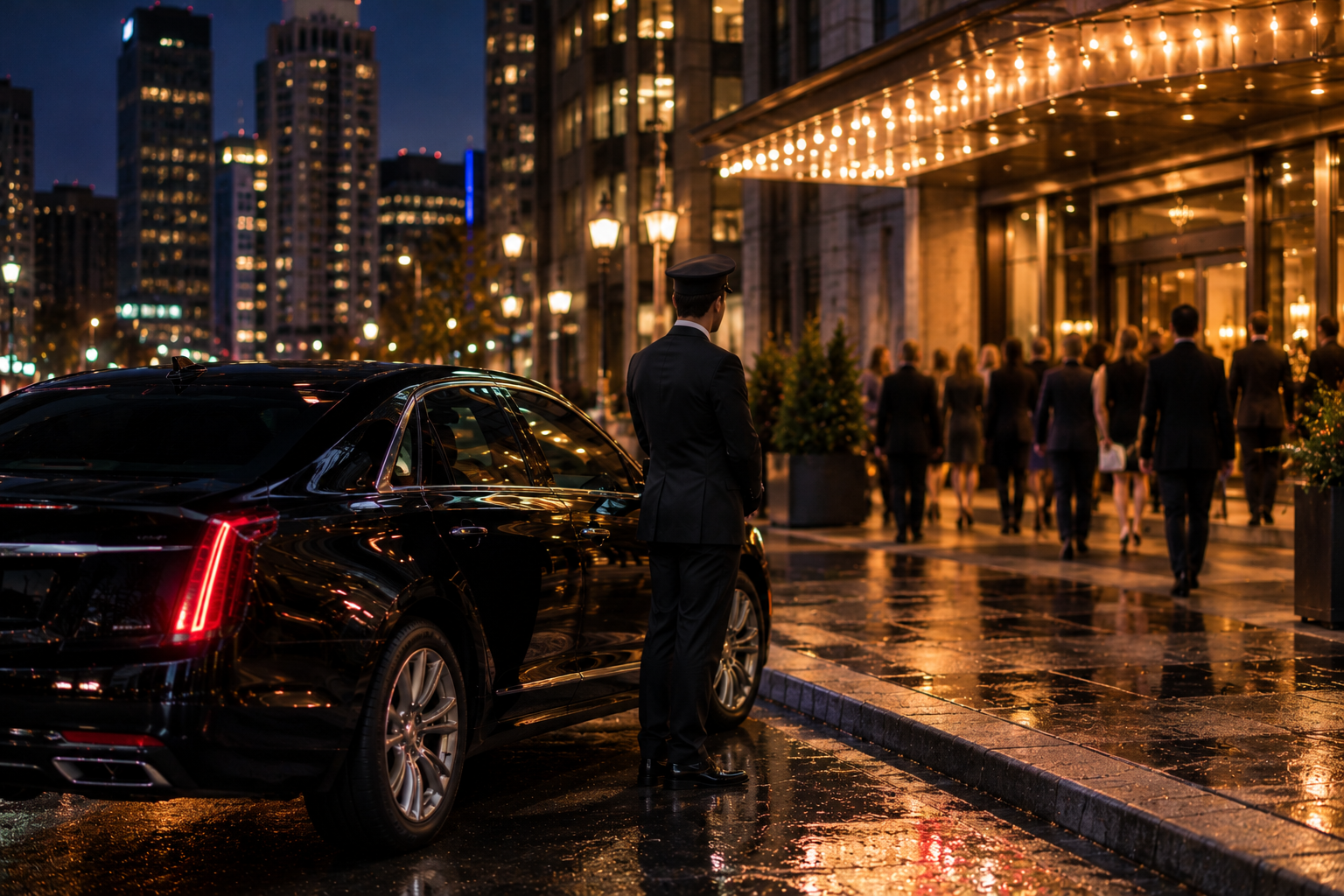 Black car service waiting outside a downtown Detroit venue as a crowd leaves