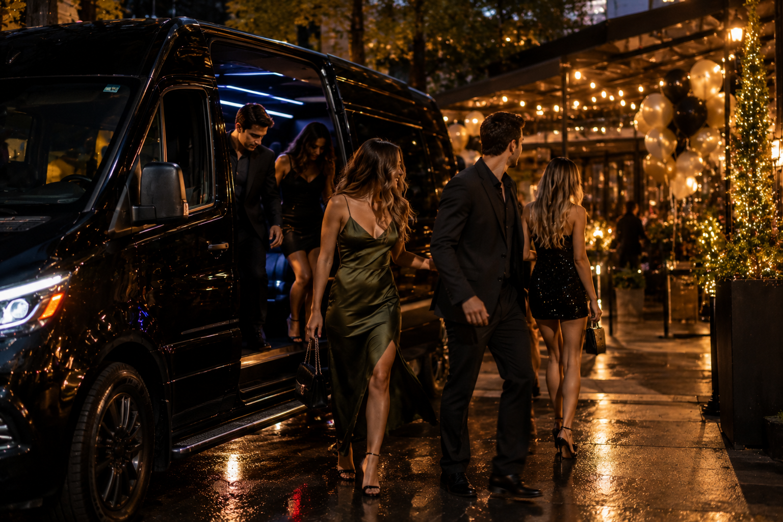 Group of friends dressed up stepping out of a black Sprinter van for a birthday celebration in Detroit