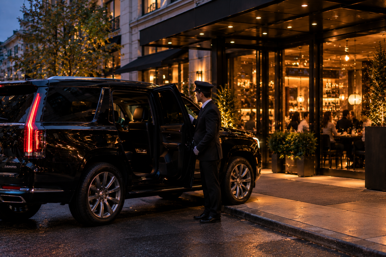 Black SUV waiting outside an upscale restaurant for a birthday dinner group
