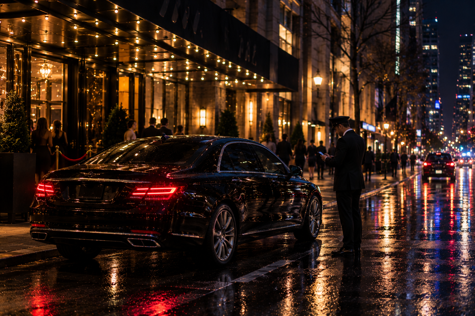 Black car service waiting curbside late at night after a birthday celebration
