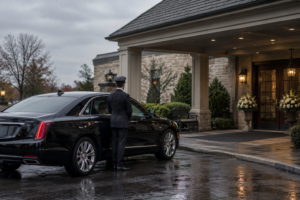 Black sedan parked quietly outside a funeral home for a family arrival