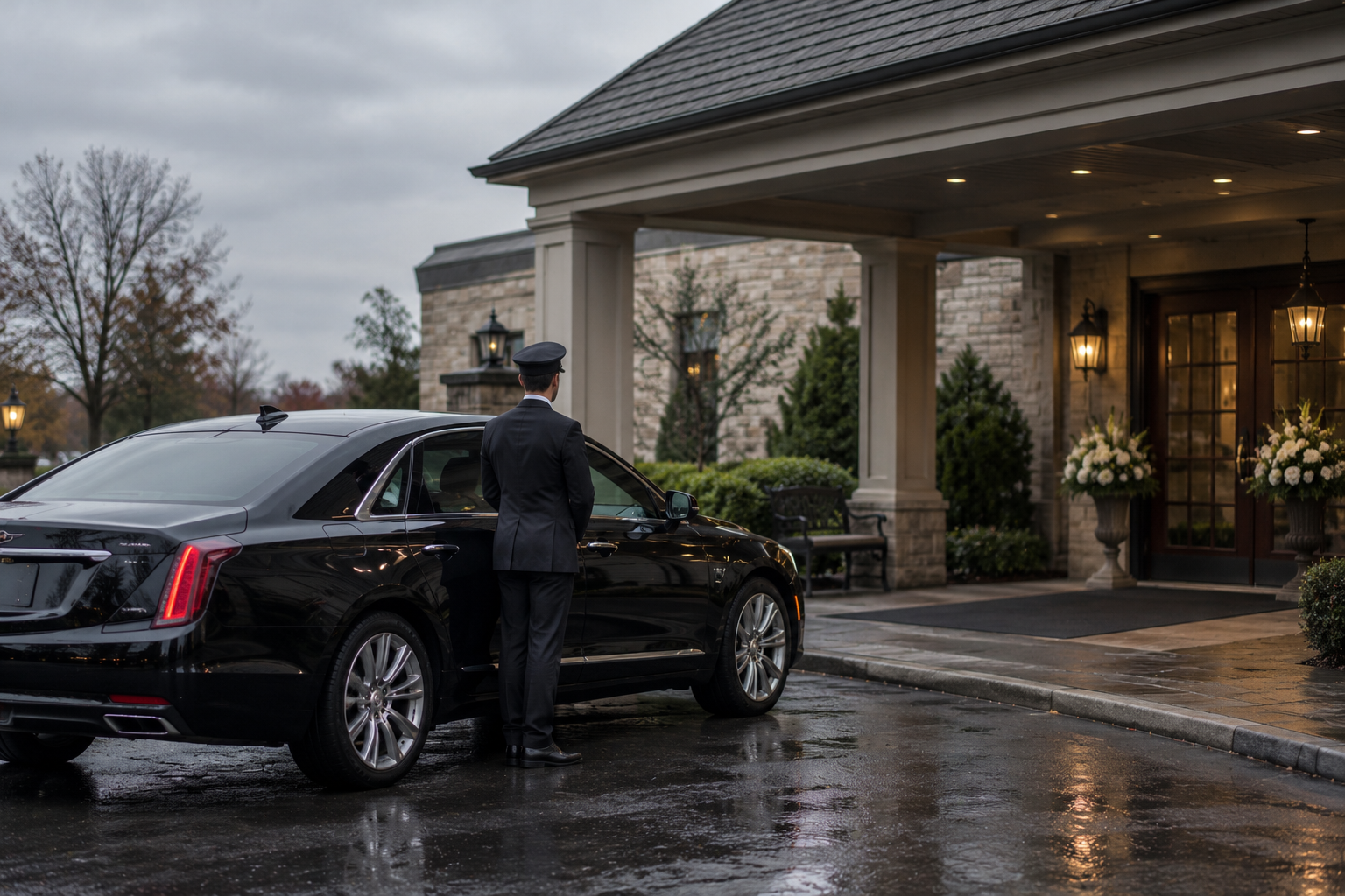 Black sedan parked quietly outside a funeral home for a family arrival