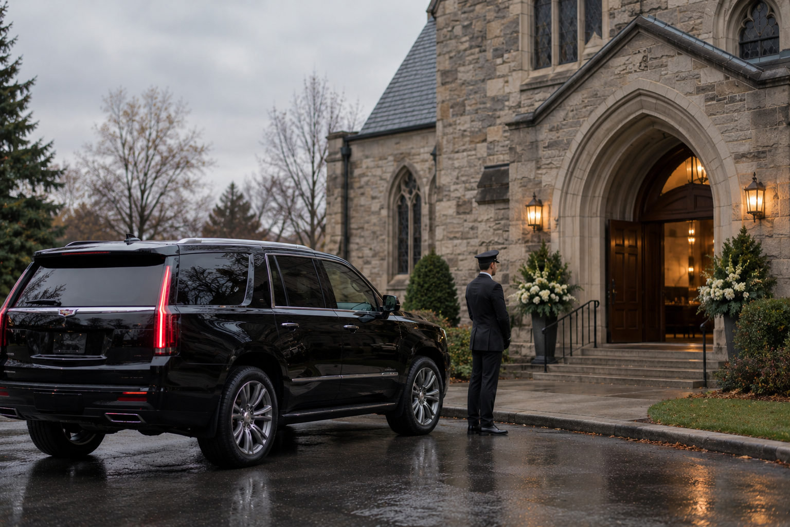 Black SUV waiting calmly outside a church for a family during a memorial service