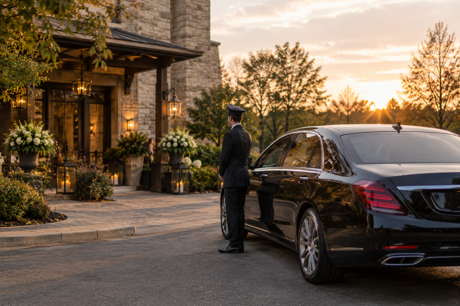 Chauffeur waiting patiently beside a black sedan outside a quiet reception venue