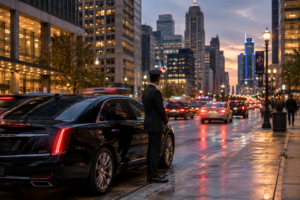 Black chauffeured sedan parked beside a busy Detroit curb during rush hour
