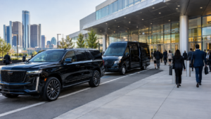Black SUV and Sprinter van waiting outside a Detroit convention center for conference attendees