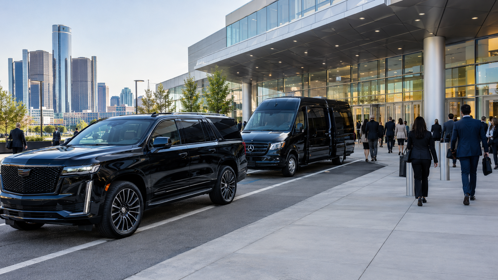 Black SUV and Sprinter van waiting outside a Detroit convention center for conference attendees