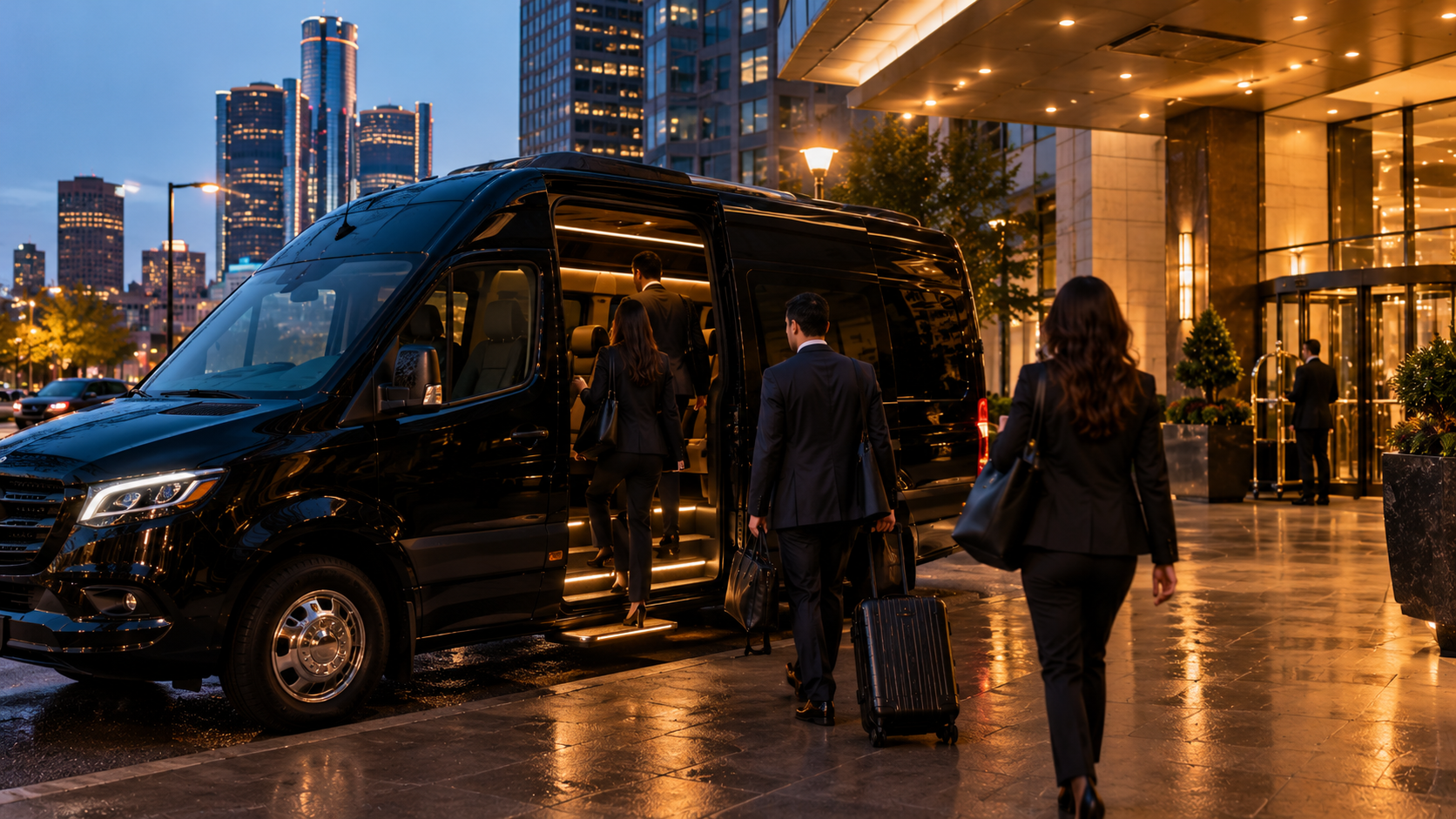 Sprinter van loading conference attendees outside a downtown Detroit hotel in the evening