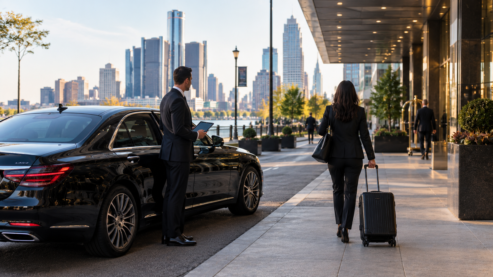 Chauffeur greeting a conference speaker at the curb of a downtown Detroit hotel